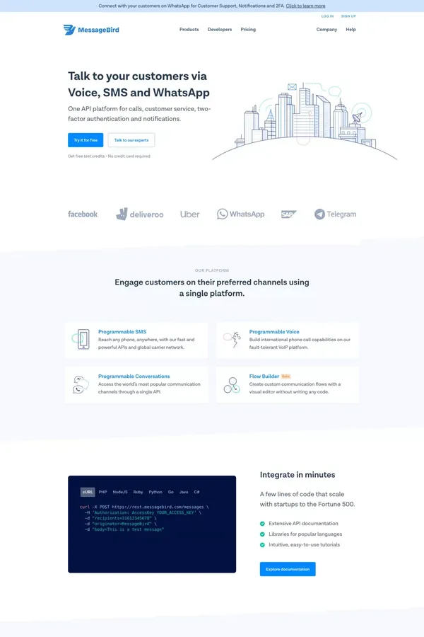 MessageBird | Reach 7 billion phones in seconds via SMS, Voice & WhatsApp - Landing design inspiration