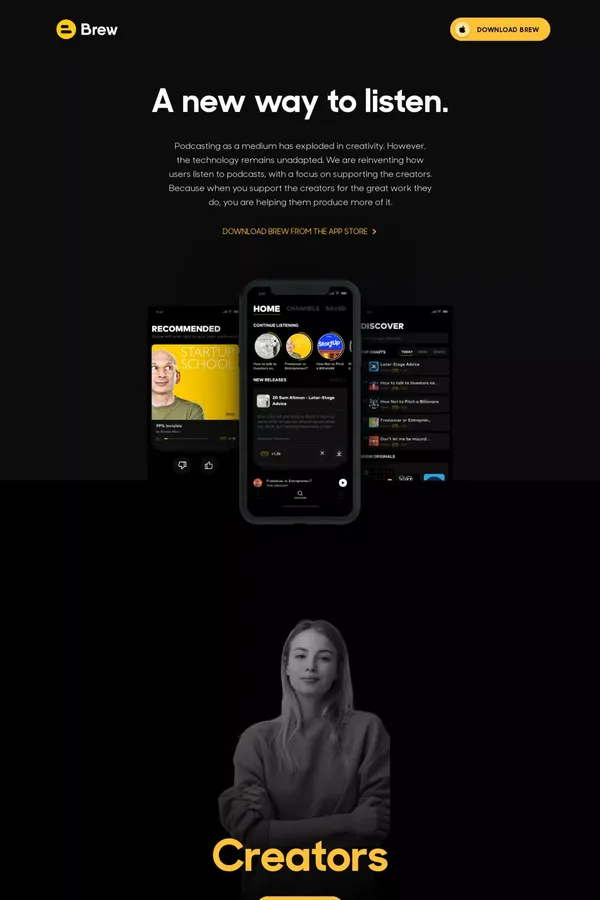 Brew Podcast App — Support the creators you listen to - Landing design inspiration