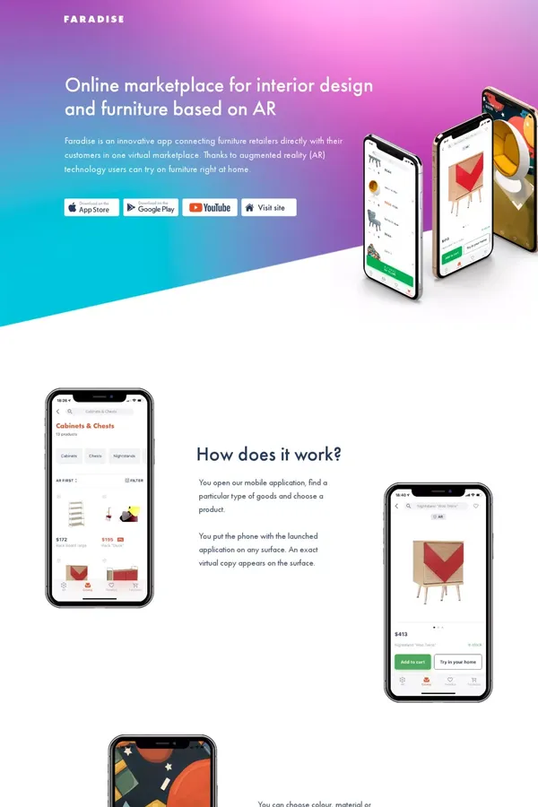 Faradise — furniture marketplace in AR - Landing design inspiration