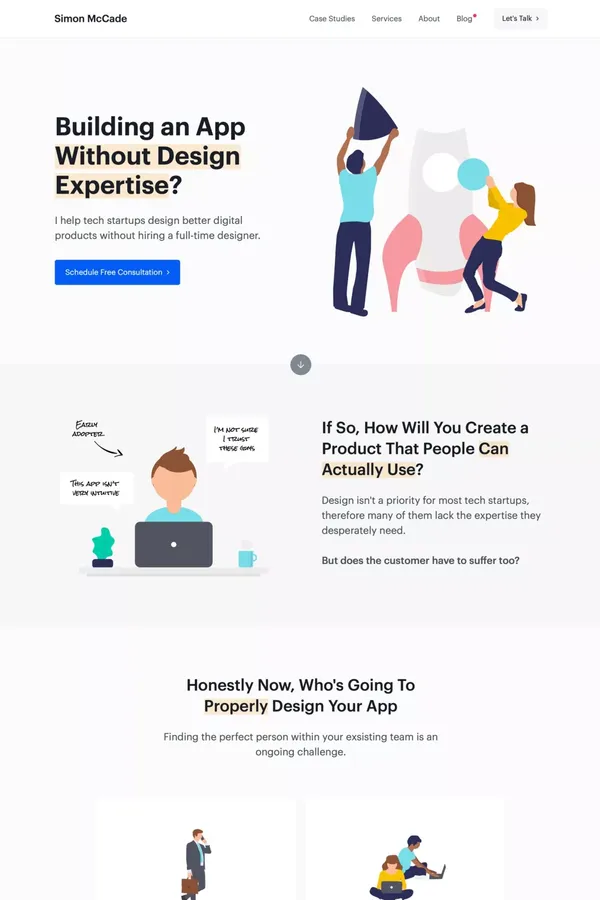 Simon McCade | UI UX Designer for Tech Startups | Bristol - Landing design inspiration
