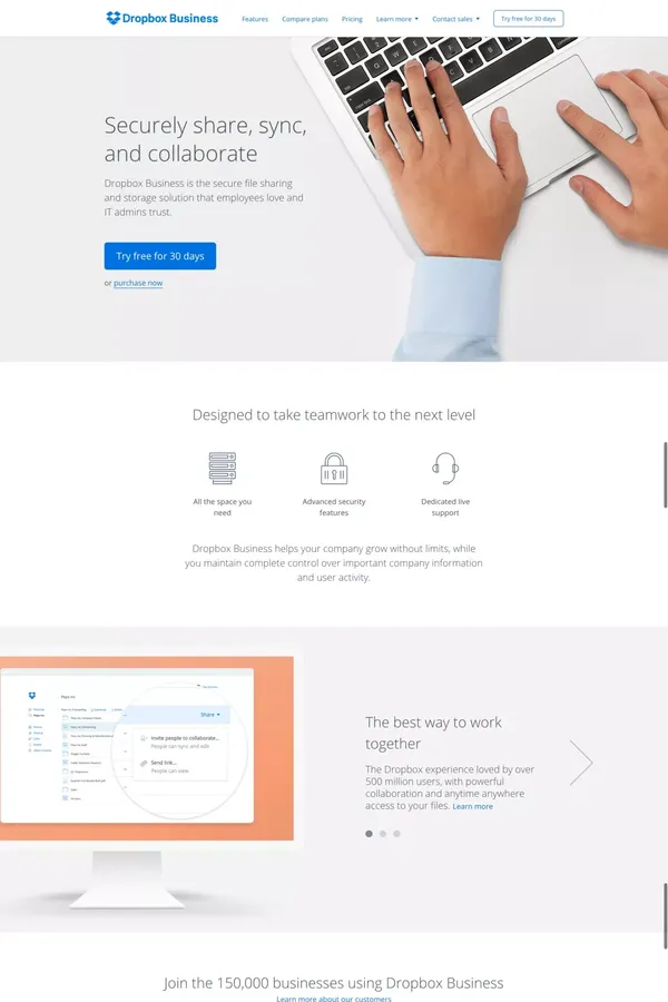 Dropbox Business | Secure file sharing and cloud storage - Landing design inspiration