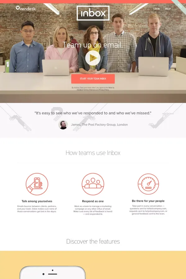 Inbox by Zendesk – The Free Collaborative Email for Teams - Landing design inspiration