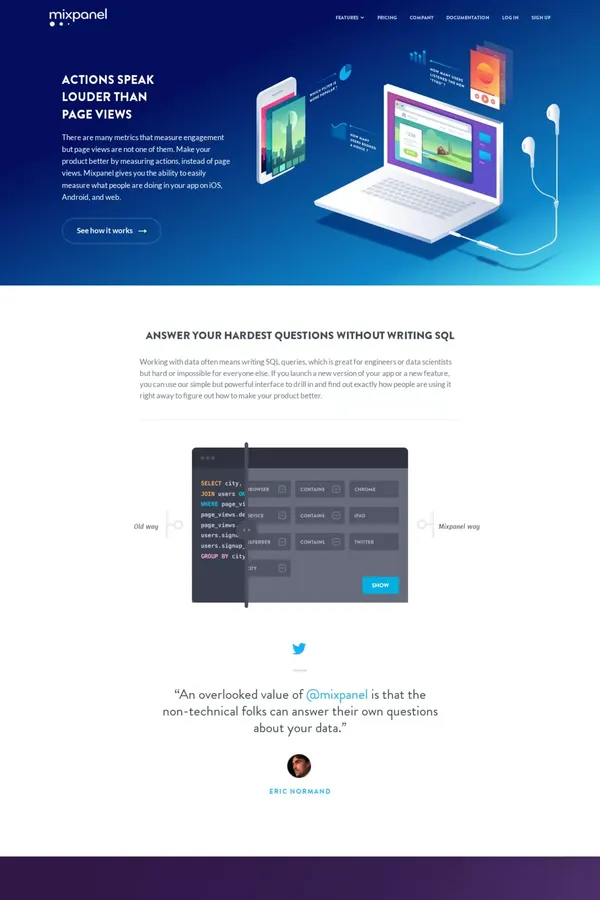 Engagement - Mixpanel | Mobile Analytics - Landing design inspiration