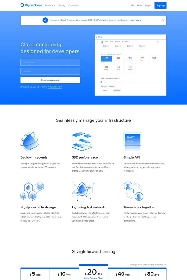 DigitalOcean: Cloud computing designed for developers - Landing design inspiration