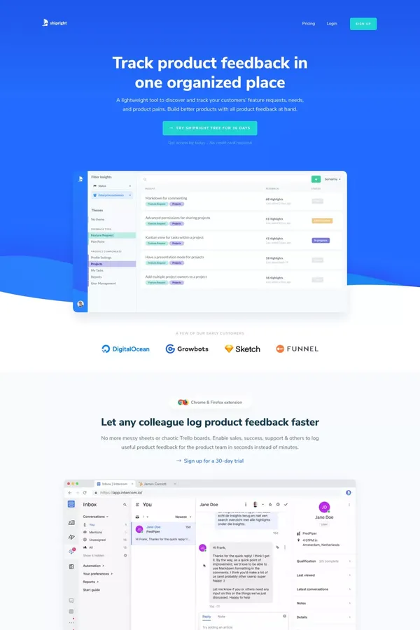 Shipright – Track product feedback in one organized place - Landing design inspiration