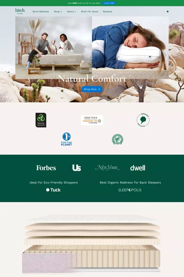 Certified Natural & Organic, USA Made Mattress | Birch Natural & Organic Mattress - Landing design inspiration