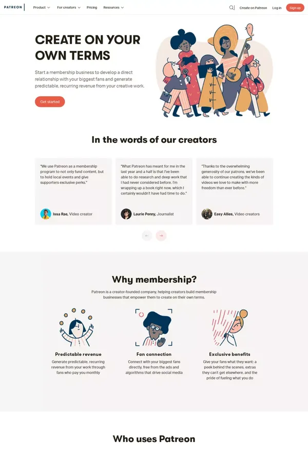 Best way for artists and creators to get sustainable income and connect with fans | Patreon - Landing design inspiration