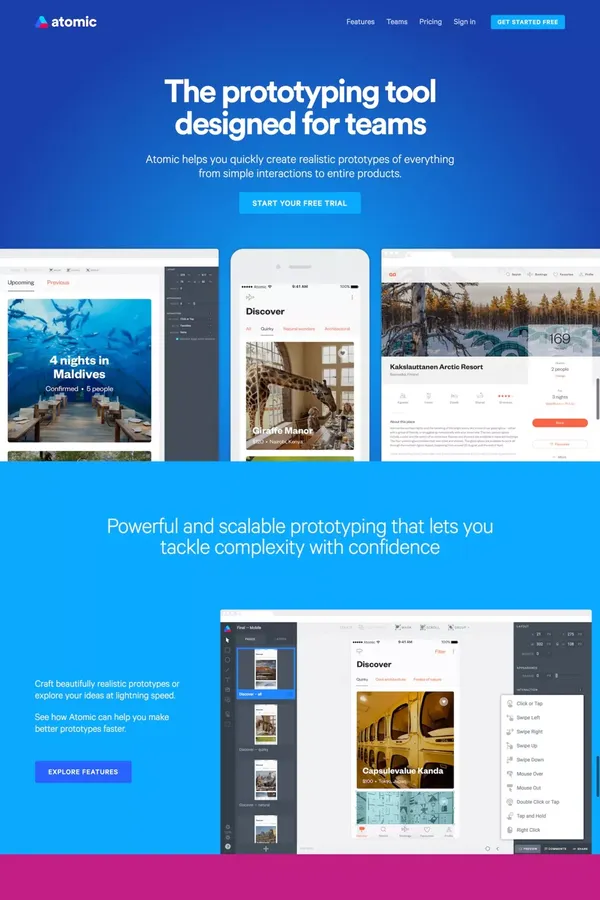 Atomic | Advanced Web & Mobile Prototyping Tool for Product, UX and UI Design - Landing design inspiration