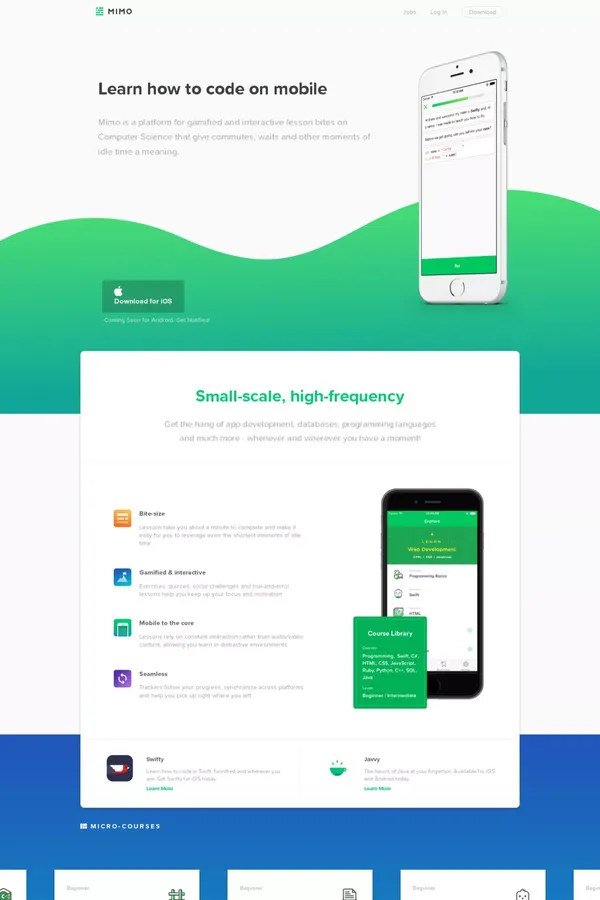 Mimo - Learn how to code on your phone - Landing design inspiration