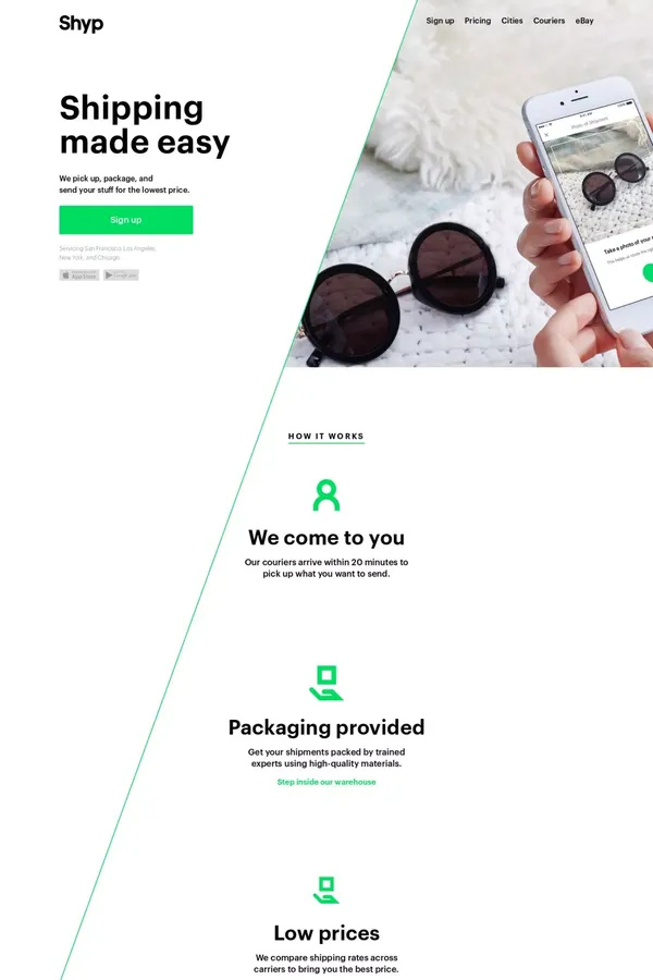 Pickup, Packaging, Shipping, & Tracking | Shyp - Landing design inspiration