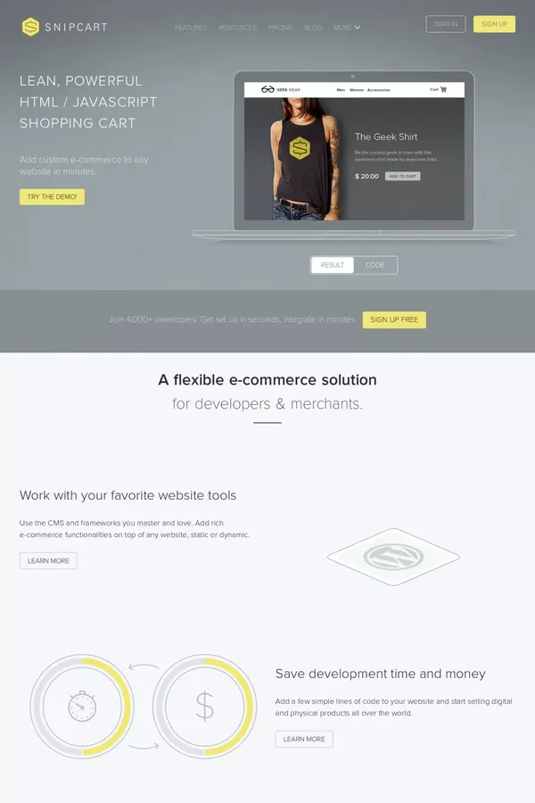 Snipcart - Effortless Shopping Cart for Any Website - Landing design inspiration