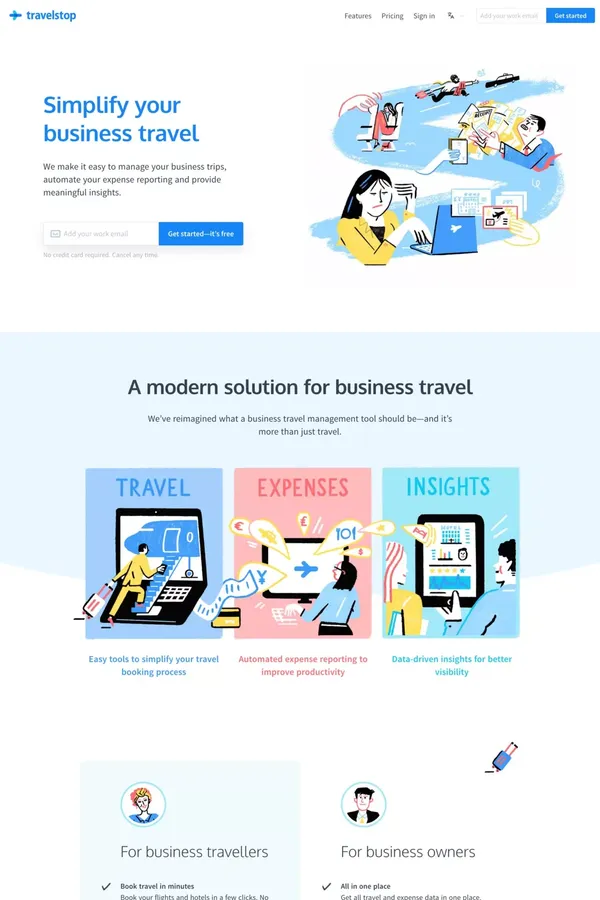 Business travel, expense reporting, and insights | Travelstop - Landing design inspiration