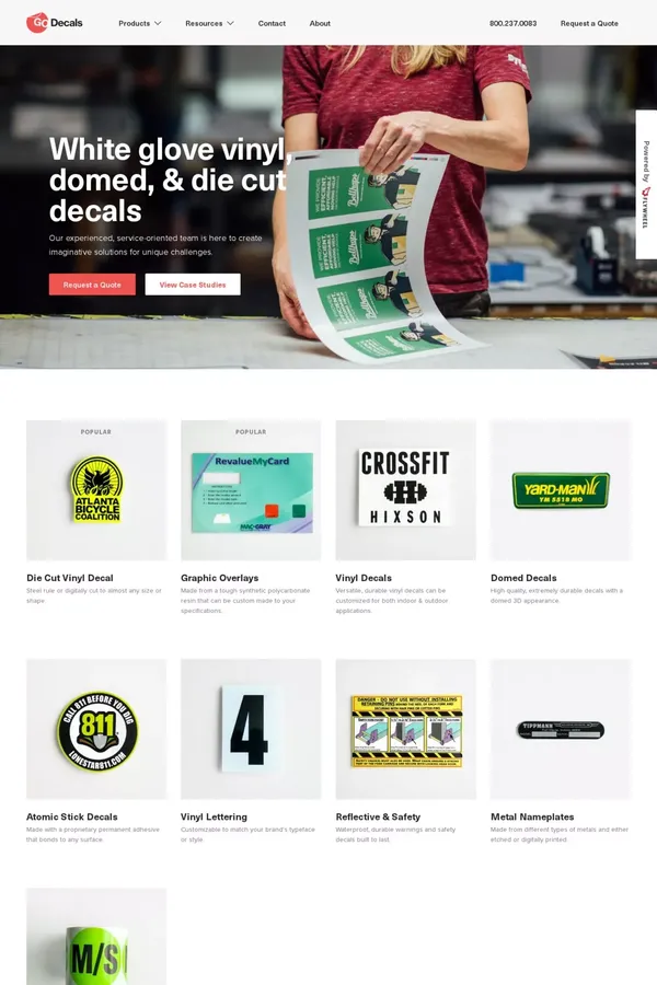 Go Decals | White glove vinyl, domed, & die cut decal printer - website design inspiration