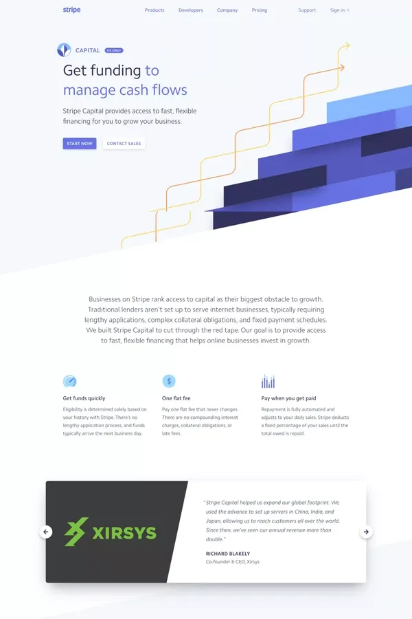 Stripe Capital: Flexible financing in as little as one day - Landing design inspiration