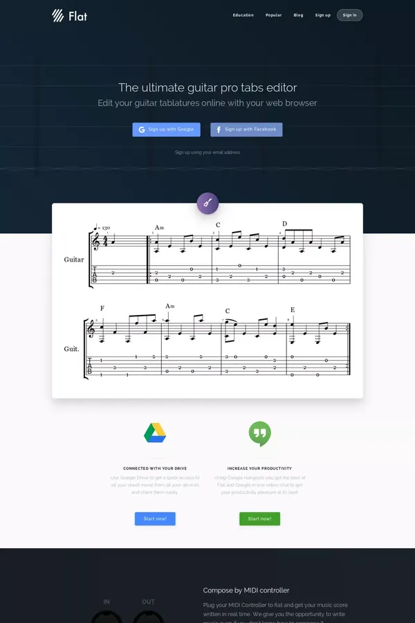 Flat - The online ultimate guitar pro tabs editor - Landing design inspiration