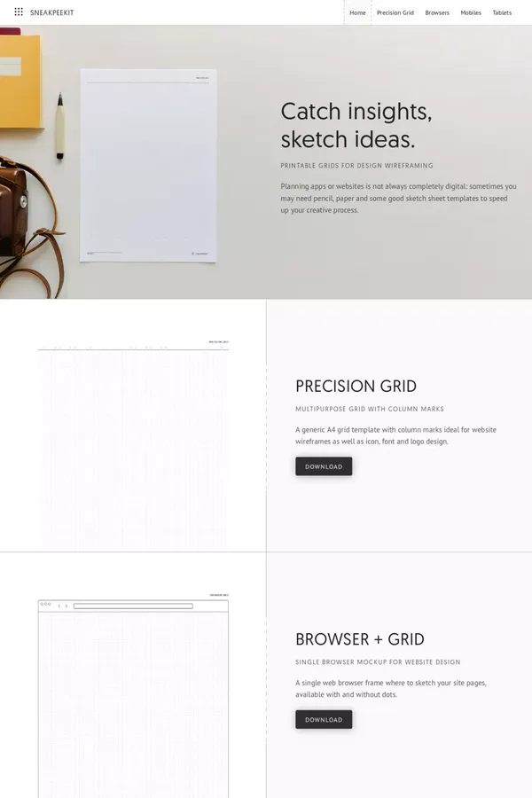 Sneakpeekit - Printable Sketch Sheets for Design Wireframing - Landing design inspiration