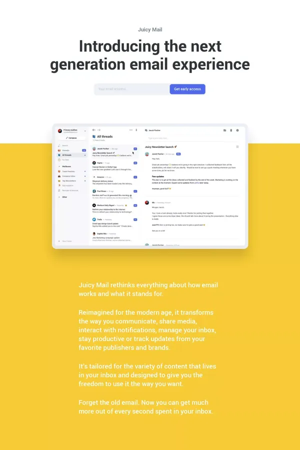 Juicy Mail - the next generation email experience - Landing design inspiration