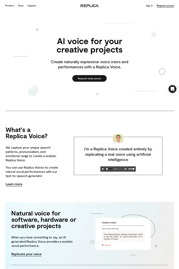 Synthesize Voice AI and Natural Sounding Text-to-Speech — Replica - Landing design inspiration