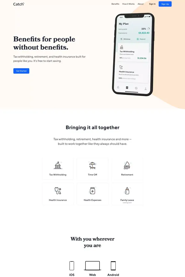 Catch: Personal, Portable Benefits for Everyone - Landing design inspiration