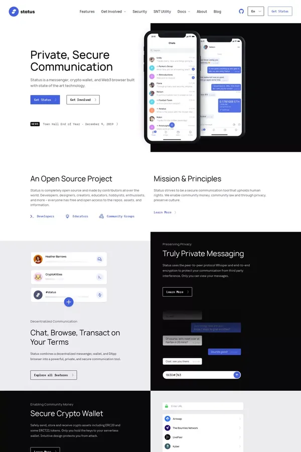 Status - Private, Secure Communication - Landing design inspiration