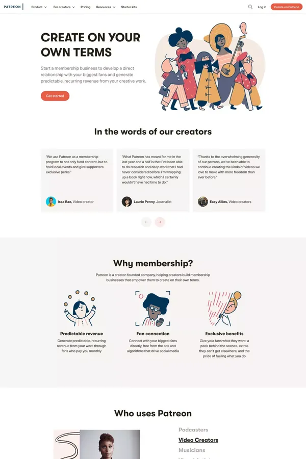 Best way for artists and creators to get sustainable income and connect with fans | Patreon - Landing design inspiration