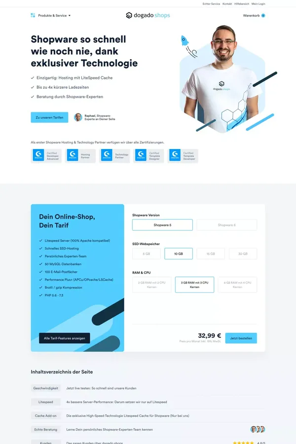 Shopware Hosting mit LiteSpeed - schnell und skalierbar - dogado GmbH - Landing design inspiration