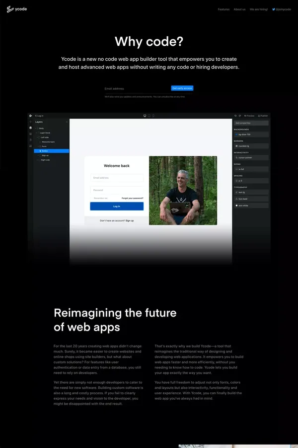 Visual programming tool to build and host advanced web apps - Ycode - Landing design inspiration