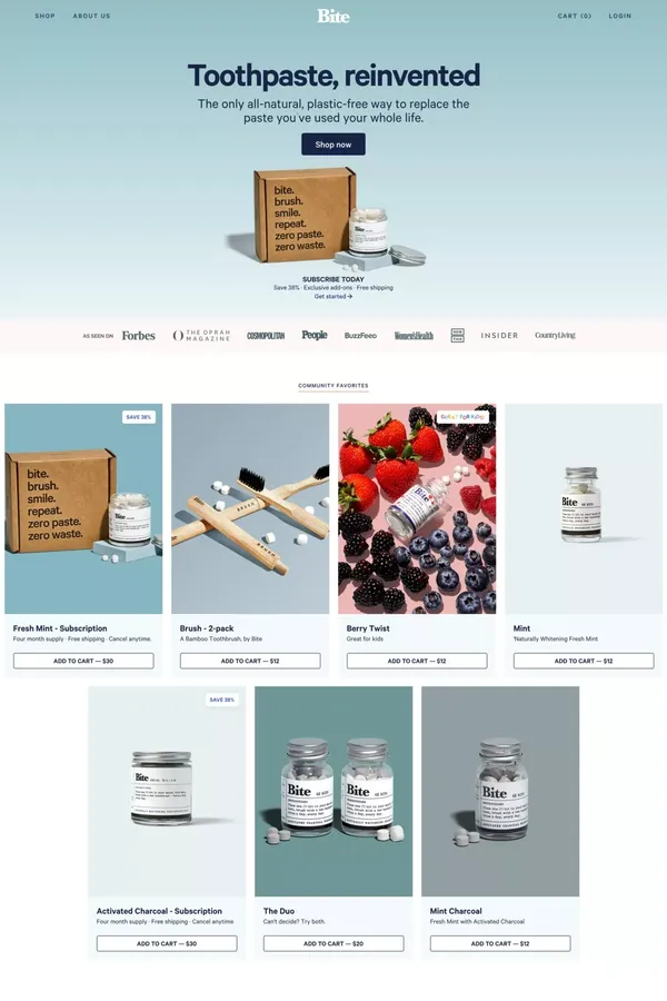 Bite Toothpaste Bits - Landing design inspiration