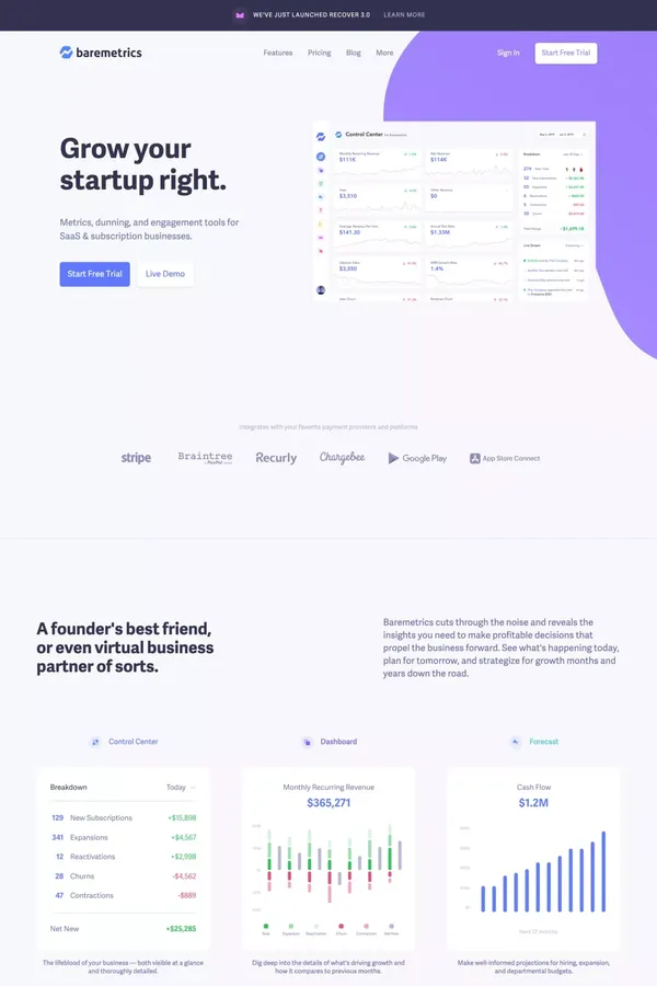 Baremetrics: Subscription Analytics & Insights for Stripe, Braintree, Recurly and more! - Landing design inspiration