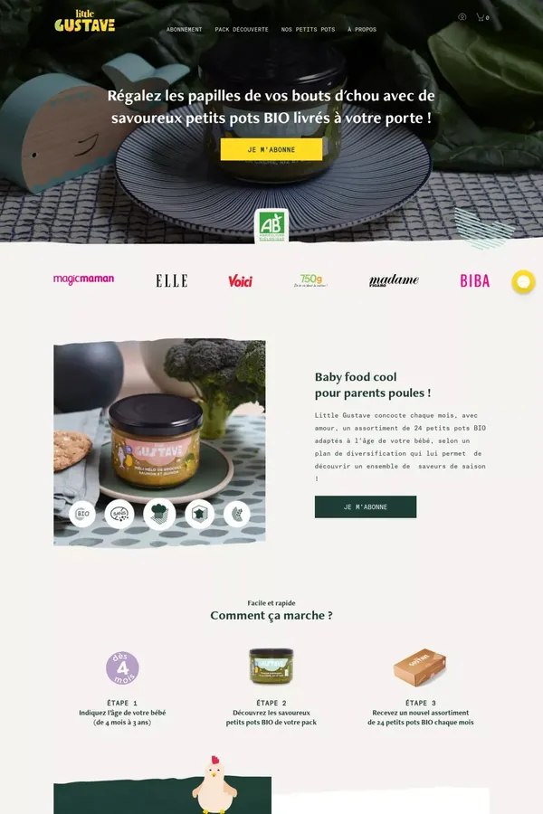 Petit pot bio pour bébé en livraison avec Little Gustave - Landing design inspiration