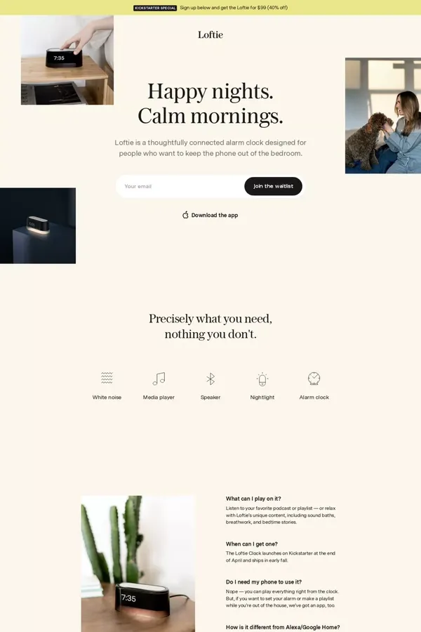 Loftie Clock — A thoughtfully connected alarm clock. - Landing design inspiration