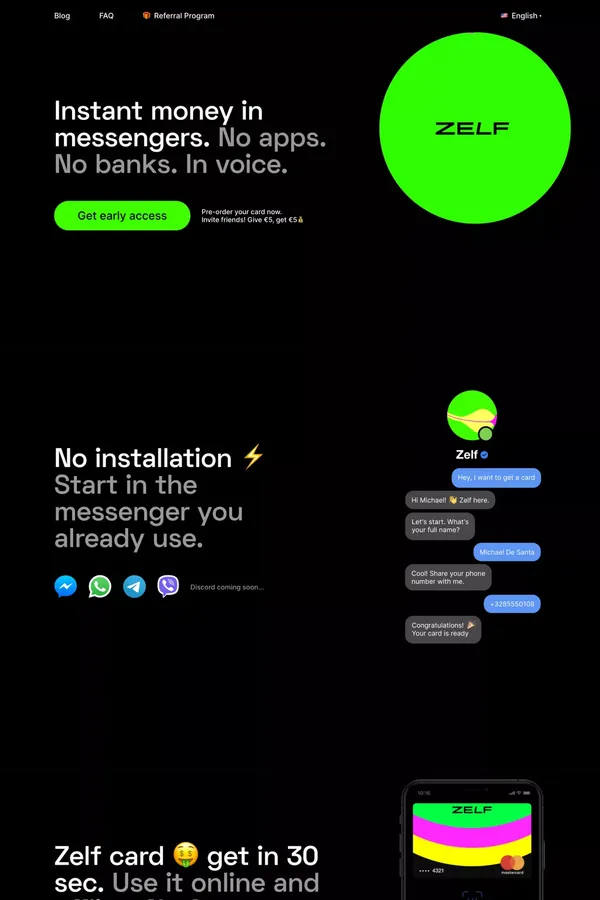Zelf – Instant Money in Messengers - Landing design inspiration