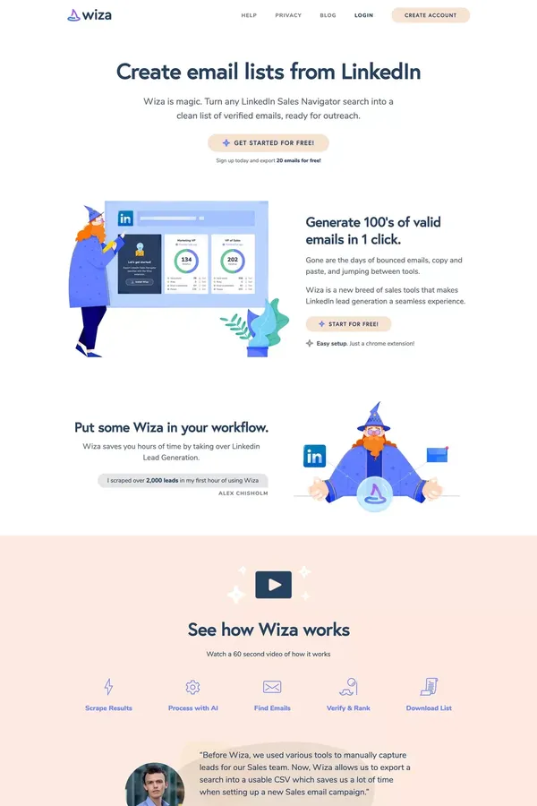 Wiza | Extract emails from LinkedIn searches - Landing design inspiration