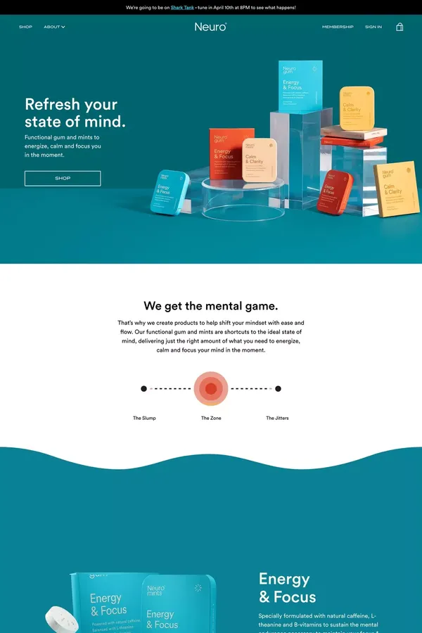 Neuro | Caffeine Gum and Mints | Energy and Focus - Landing design inspiration
