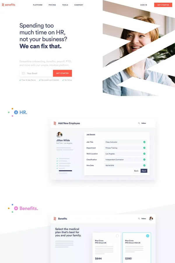 #1 HR Software | Human Capital Management | Zenefits - Landing design inspiration