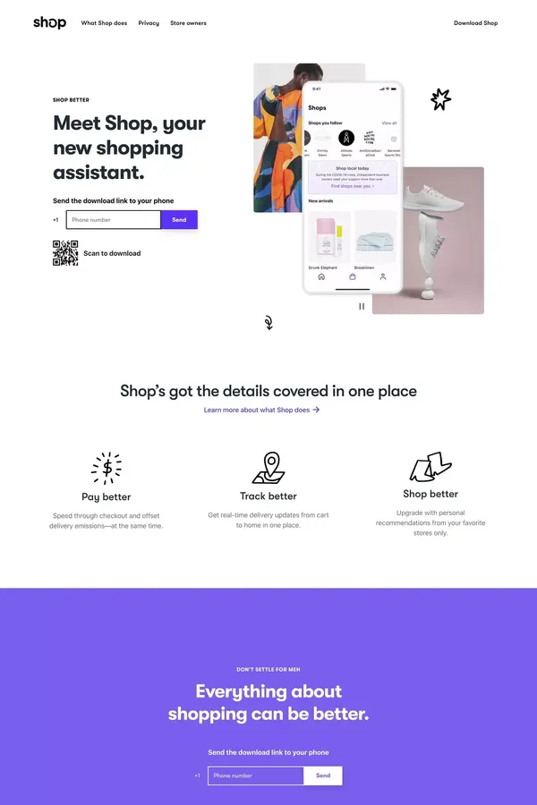 Shop is a new online shopping assistant that makes every part of your experience better. - Landing design inspiration