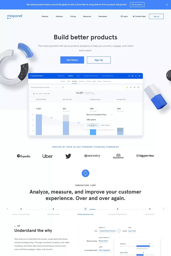 Product and User Behavioral Analytics for Mobile, Web, & More | Mixpanel - Landing design inspiration