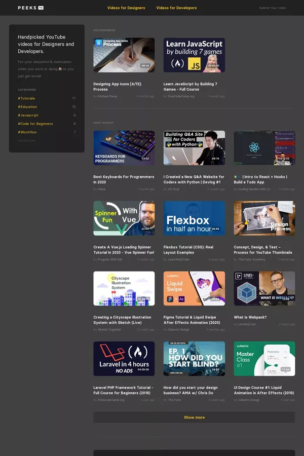 PeeksTV – YouTube videos for Designers and Developers - website design inspiration