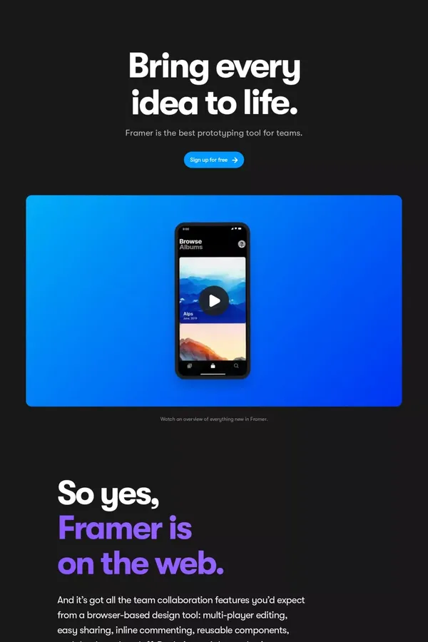 Framer: The prototyping tool for teams - Landing design inspiration