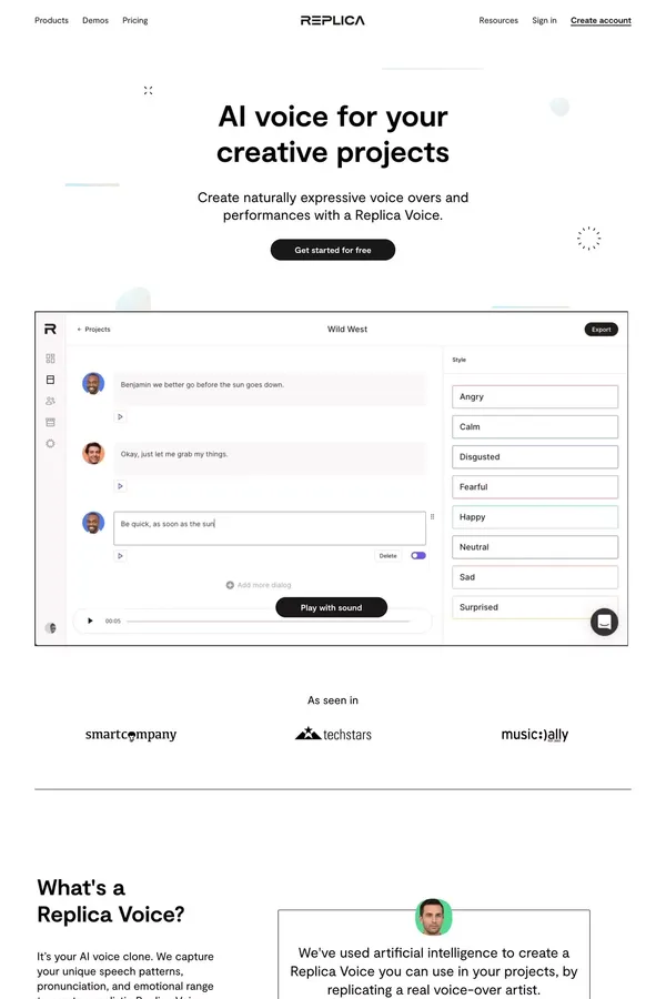 Synthesize Voice AI and Natural Sounding Text-to-Speech — Replica - Landing design inspiration