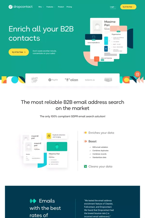 Dropcontact: correcting, enriching CRM & B2B contact files - Landing design inspiration