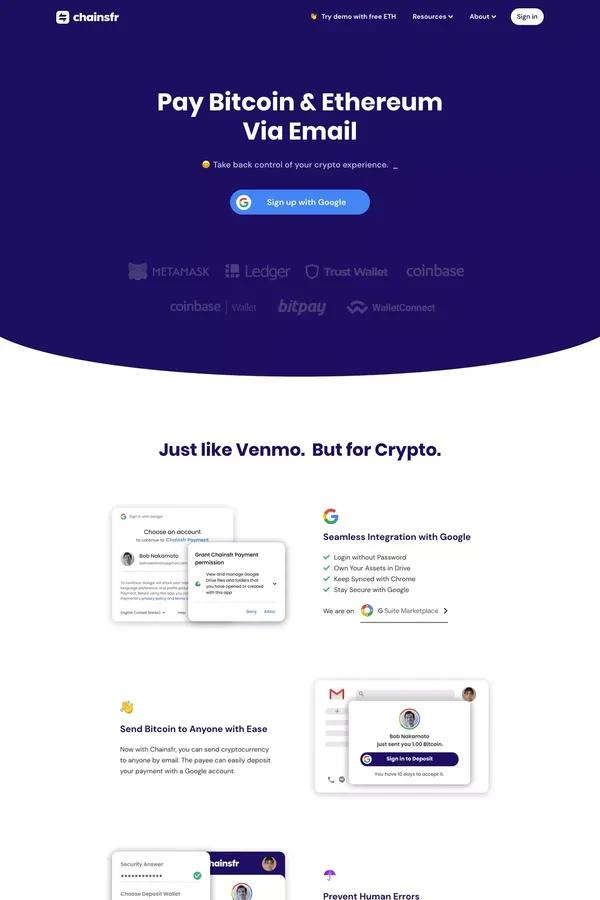Chainsfr - Pay Bitcoin, Ethereum With Email - Landing design inspiration