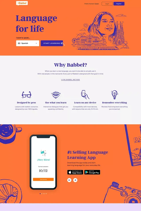Learn Spanish, French and Other Languages Online | Babbel - Landing design inspiration