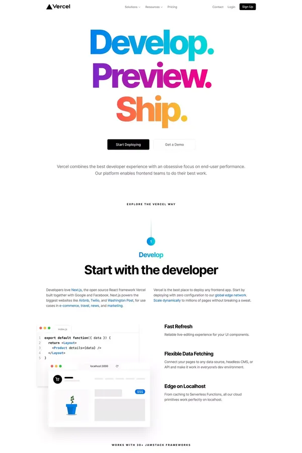 Develop. Preview. Ship. For the best frontend teams – Vercel - Landing design inspiration