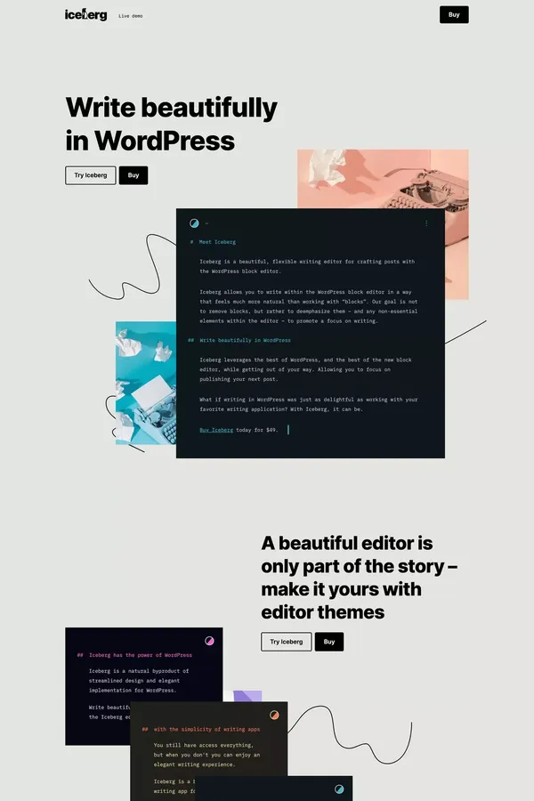 Iceberg – Iceberg is a beautiful, flexible writing editor for crafting posts and pages with the WordPress block editor - Landing design inspiration