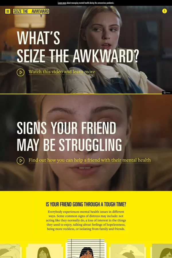 Seize The Awkward -  Talking to your friends about mental health and how to help - Landing design inspiration