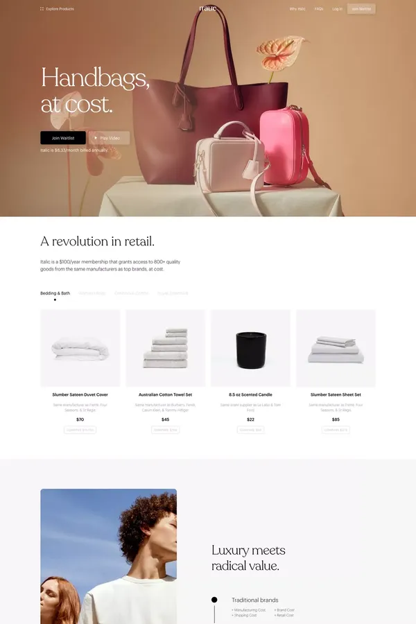 Italic | Quality, at cost - Ecommerce design inspiration