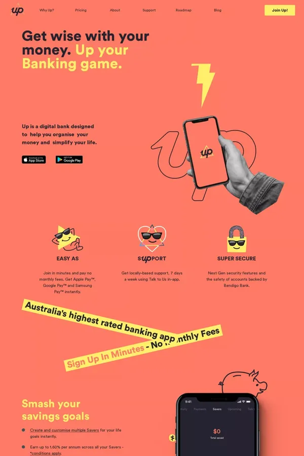 Up - Get wise with your money. Up your Banking game. | Up -  Super Powered Banking - Landing design inspiration