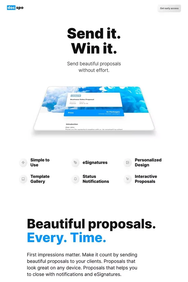 DocSpo - Send beautiful proposals that impress without effort. - Landing design inspiration