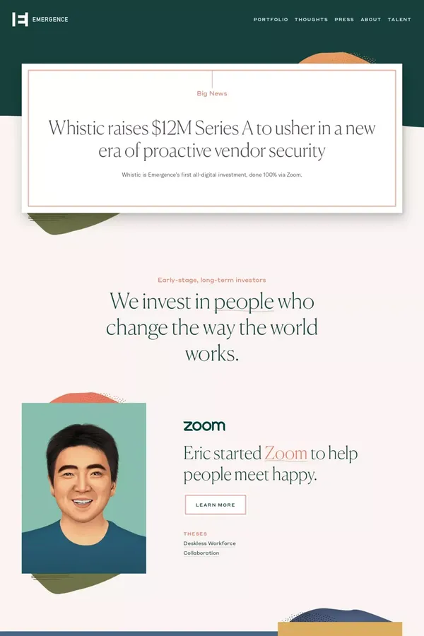 Emergence: We invest in people who change the way the world works. - Portfolio design inspiration